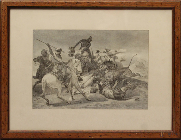 Scena di caccia, incisione, cm 17x25, XIX sec., entro cornice.