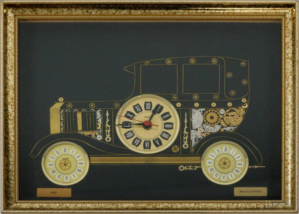 Fiat- Regal Clocks, orologio con vari componenti assemblati a forma di macchina, quadranti a numeri romani, ingombro tot cm 4,5x30x38,5, (meccanismo da revisionare).