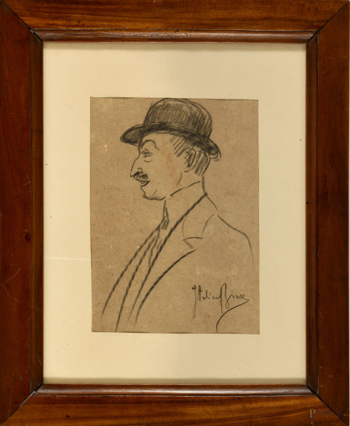 Italico Brass (Gorizia, 1870 – Venezia, 1943), Ritratto di uomo con cappello di profilo, grafite su carta, cm 21x15 entro cornice, firmato in basso a destra (difetti)
