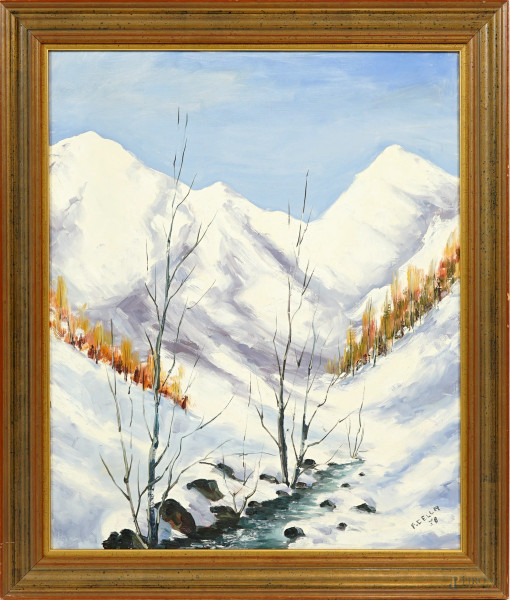 Ruscello in Val Varaita, olio su tela, firmato e datato in basso a destra, cm 60x50, entro cornice