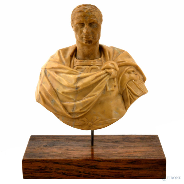 Bustino in marmo raffigurante Imperatore romano poggiante su base in legno, XVIII-XIX secolo, altezza complessiva cm 18, (scalfiture, sbeccature)