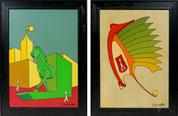 "Ricordando Ulisse" e "Modulo Xy", due dipinti ad olio su tela, cm 50x70, firmati Cecchi da  Feltre, entro cornici