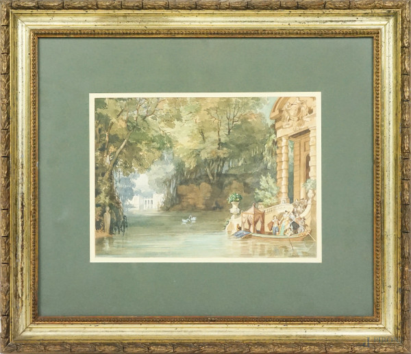 Scorcio di parco con laghetto, acquerello su carta, XIX secolo, cm 17,5x24,5, entro cornice