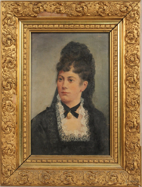 Ritratto di donna, olio su tela 33x22 cm, inizi XX sec, entro cornice.