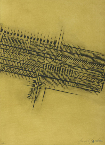 Arnaldo  Pomodoro (1926-2025), Senza Titolo, 1982, acquaforte e calcografia su carta Fabriano es 34/85, cm 69x49,5, firmata in basso a destra e numerata in basso a sinistra, Edizioni Ars Milano per Gilardini