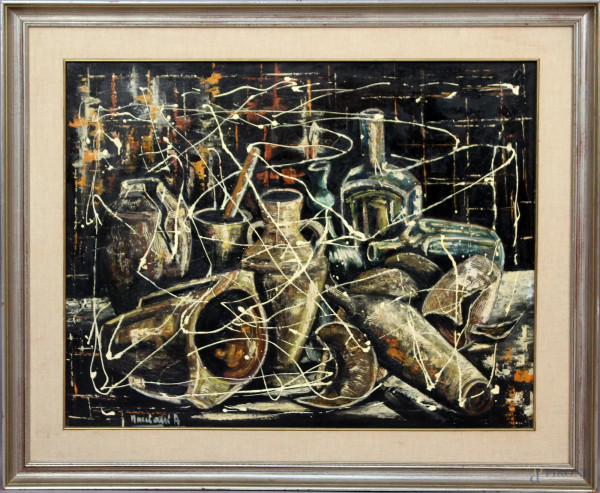 Andres  Montani - Composizione con bottiglie e vasellame, olio su tavola, cm. 63x79, entro cornice.
