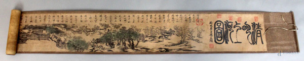 Scroll cinese, raffigurante personaggi ed iscrizioni, cm. 467x30, arte orientale, XX secolo.