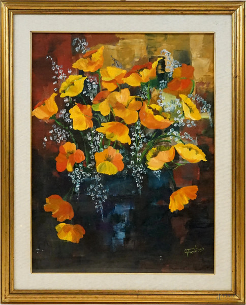 Ana Troncoso - Vaso con fiori, olio su tela, cm 32x49, entro cornice