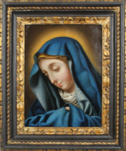 Carlo Dolci (Roma 1616-1686) attribuito, Madonna del Dito, olio su rame, cm. 25x17, cornice in stile  in legno dorato, 