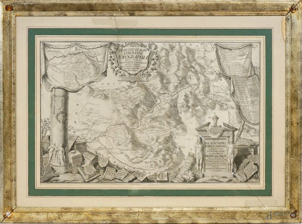 Diocesis et agri tirburtini topographia, incisione del XVIII secolo, cm 44x65, entro cornice.