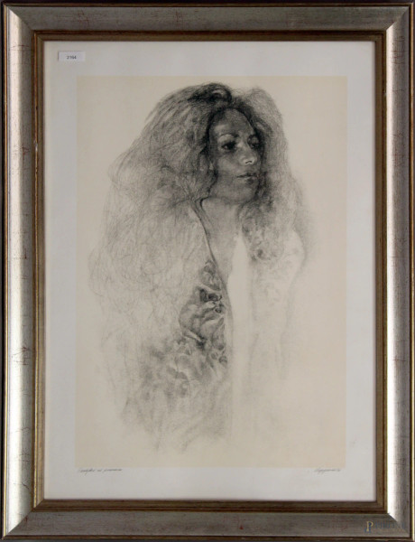 Vespignani, Ritratto di donna, litografia,  cm 60x40, entro cornice.