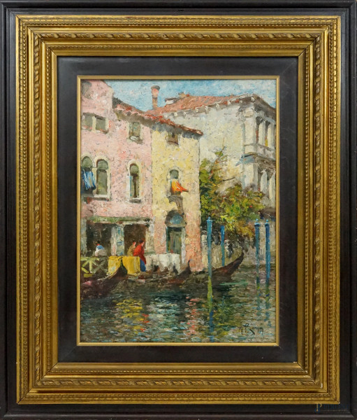 Canale di Venezia, olio su compensato, cm 40,5x30, firmato, in cornice.