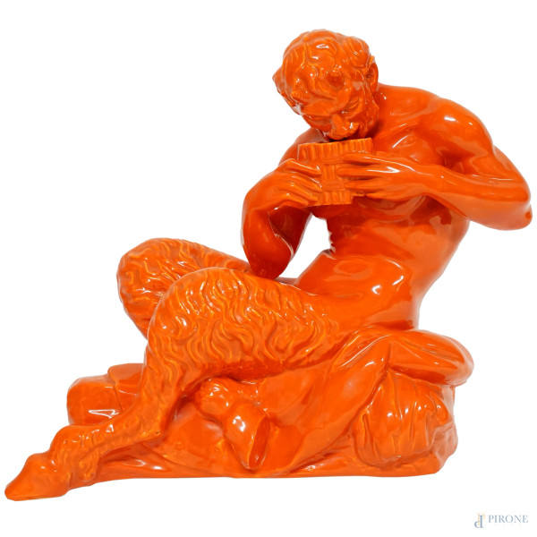 Pan, scultura in ceramica smaltata color arancio, cm h 27, XX secolo, (lievi difetti)