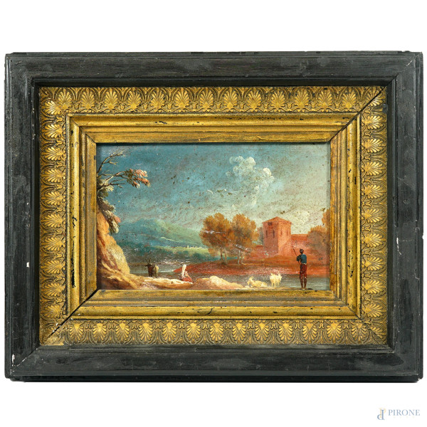 Scuola italiana d'inizio XX secolo, Paesaggio fluviale con pastori, olio su tela, cm 19x13