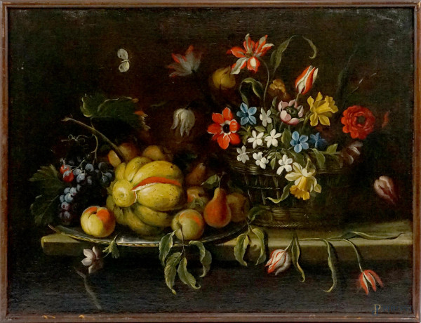 Pittore della fine del XVIII secolo, Natura morta - Fiori, frutta e farfalla, olio su tela, cm 74,5x98,5, entro cornice.