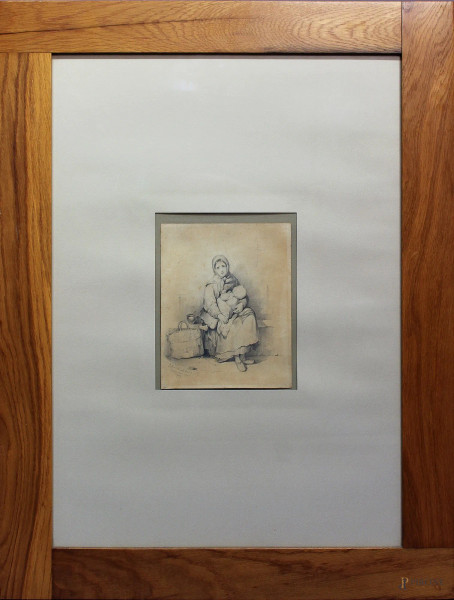 Giuseppe Moricci - Maternit&#224;, disegno a matita su carta, con dedica e datata, cm 23 x 18,5, entro cornice.