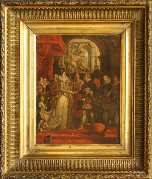 Sposalizio, olio su tela, Scuola francese, XIX sec., cm 42 x 33, entro cornice.