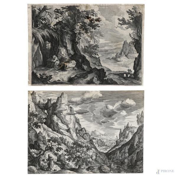 Lotto di due incisioni raffiguranti paesaggi con figure, XVIII-XIX secolo, misure massime cm 28x20,  (segni di usura, tracce di umidità, gore, foxing, lacerazioni della carta, tracce di piegatura)