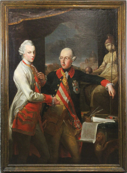 Pittore del XVIII secolo, Ritratto dell'Imperatore Giuseppe II d'Austria e del fratello Pietro Leopoldo di Toscana, olio su tela, cm 175x125, entro cornice.