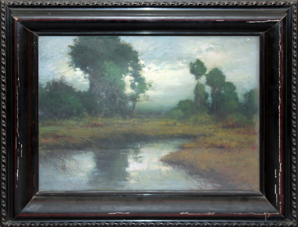 Paesaggio fluviale, olio su cartoncino, cm 45 x 62, entro cornice.