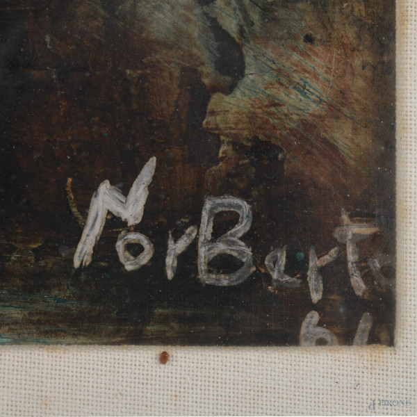 Norberto Proietti (Spello, 1927 – Spello, 2009),La coppia, olio su tavola, cm 75,5x39 entro corni...