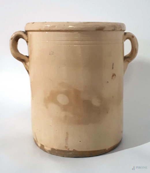 Vecchio vaso pignatta in terracotta smaltata dei primi del Novecento, altezza cm 27