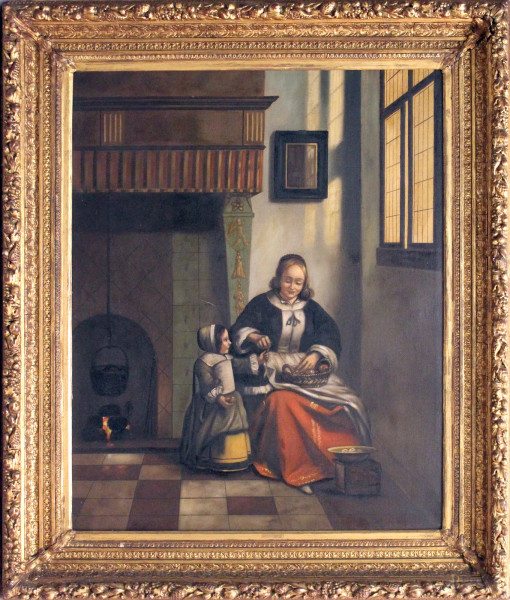 Interno famigliare, olio su tela, cm 82x66, entro cornice.