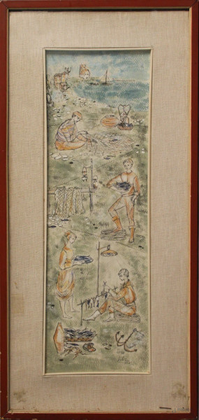 Spiaggia con pescatori, tecnica mista su carta, cm 53 x 17, entro cornice.
