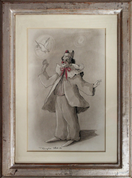 Pierrot, tecnica mista su carta firmato e datato, cm 40 x 25,5, entro cornice.
