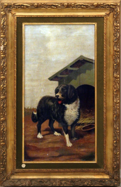 Esterno con cane, dipinto di scuola inglese del XIX sec, ad olio su tela, 62x31 cm, entro cornice