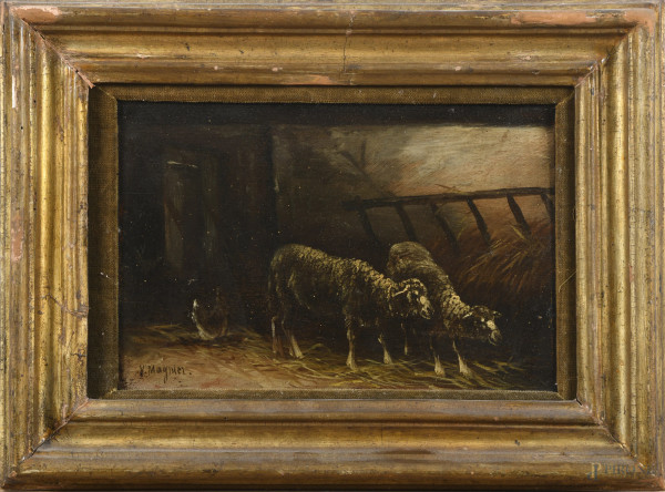 Pecore nell'ovile, XX secolo, olio su tavoletta, cm 18x25,5, firmato in basso a sinistra, entro cornice, (segni di usura, abrasioni)