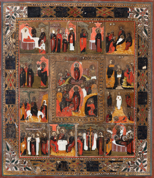 Icona raffigurante le Dodici Feste, XIX-XX secolo, tempera su tavola, cm 31x26,5, (segni di usura, cadute di colore, fessurazioni, difetti)