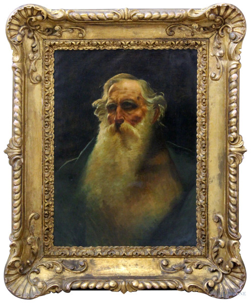 Ritratto d'anziano con barba, pittore del XIX sec, ad olio su tela, 79x55 cm, entro cornice