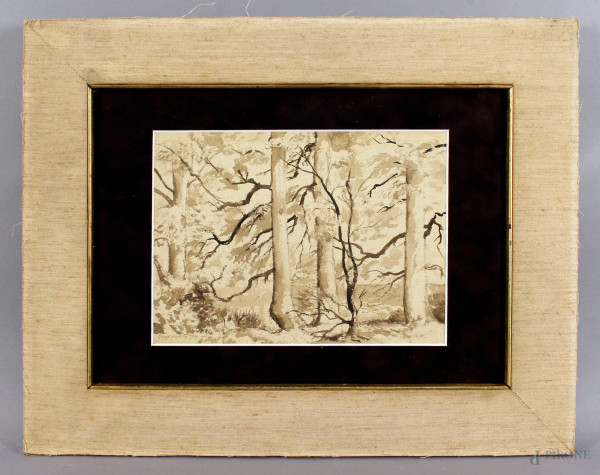 Paesaggio con alberi, acquarello su carta, cm 19x26. firmato e datato.