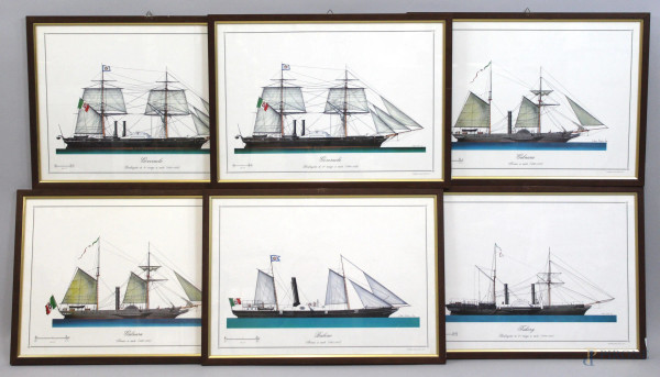 Lotto di sei stampe a colori raffiguranti imbarcazioni storiche, cm 34,5x49,5, XX secolo, entro cornici.