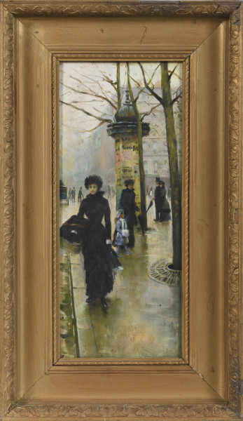 Scorcio parigino da Jean Beraud, XX secolo, olio su tavoletta, cm 45,5x20, entro cornice