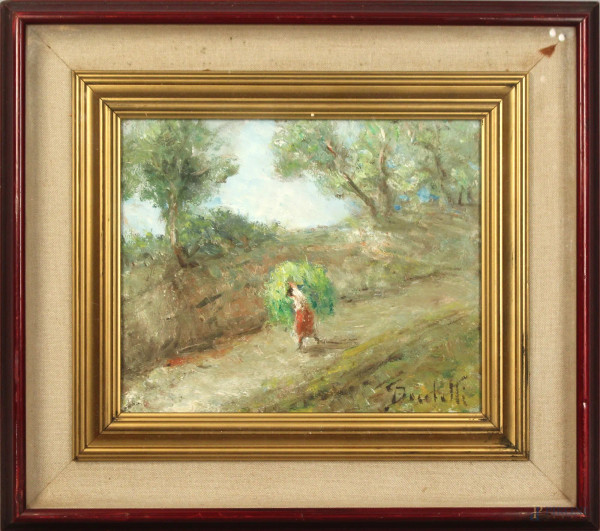 Gaetano Bocchetti - Strada con figura, olio su tavola, cm. 25x30, entro cornice.