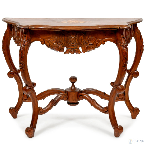 Piccola consolle  da muro in noce, XX secolo, cm 79x45x105, (difetti)
