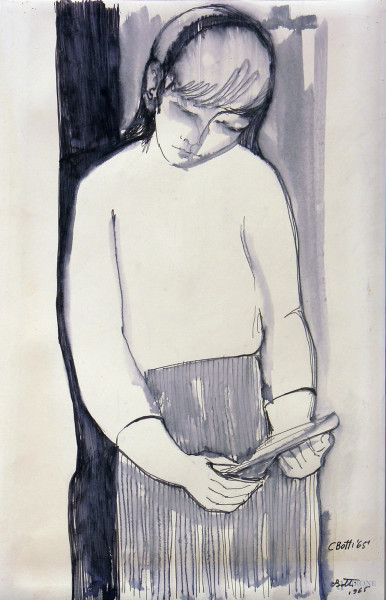 Artista del Novecento, Ragazza in lettura, inchiostro e acquarello su carta, cm 27x42, firmato e datato