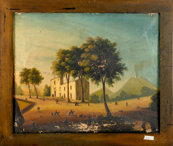 Chiesa con Vesuvio sullo sfondo, XIX secolo, olio su tela, cm 63x76, entro cornice, (difetti)
