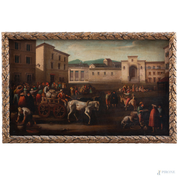 Scena di piazza, XVIII-XIX secolo, olio su tavola, cm 44x70, entro cornice, (segni di usura, abrasioni, piccole cadute di colore e fessurazioni)