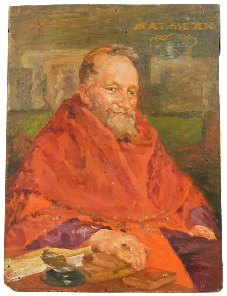 Ritratto di cardinale, olio su tavola, cm 24x18, siglato e datato 1921, (difetti).