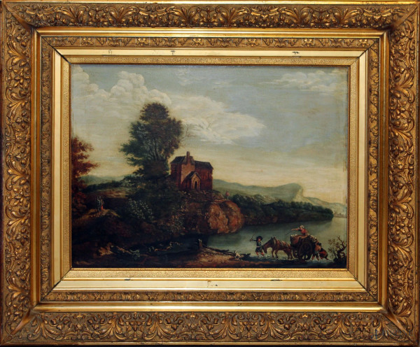 Paesaggio fluviale con carro e figure, olio su tavola, 42x59 cm, entro cornice 