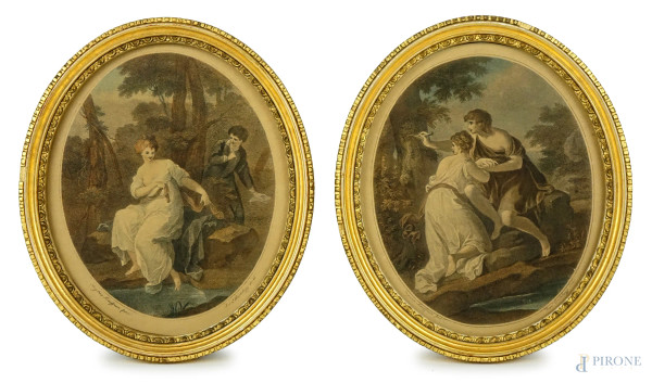 Lotto di due stampe a colori raffiguranti Damone e Musidora e Paride ed Enone, cm 22,5x18,5, Angelica Kauffman pittrice, Francesco Bertolozzi incisore, entro cornici.