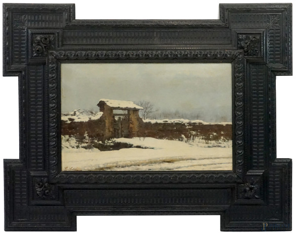 Giorgio Lucchesi - Paesaggio innevato, olio su tela, cm 38x58 ca., entro cornice