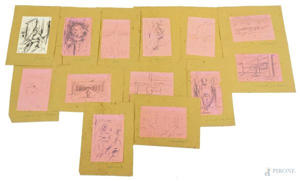 Lotto composto da tredici disegni a matita su carta raffiguranti soggetti diversi, cm 17,5x11,5, firmati