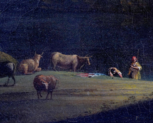 Paesaggio con figure, fine XVIII secolo, olio su tela, cm 35x51,3, entro cornice