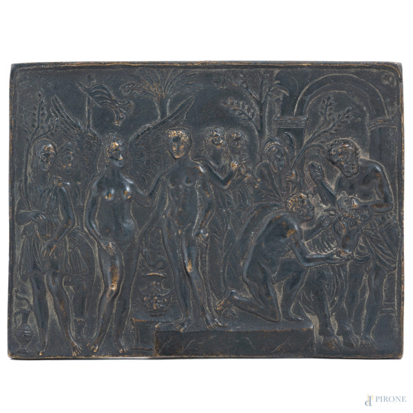 Att. ad Andrea Briosco detto "il Riccio" (1470-1532), placchetta in bronzo raffigurante scena mitologica, cm 7,5x10