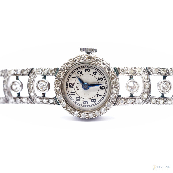 Orologio da donna in platino e oro bianco 750 con brillantini ct 0,1 circa cadauno, gr. 20,5