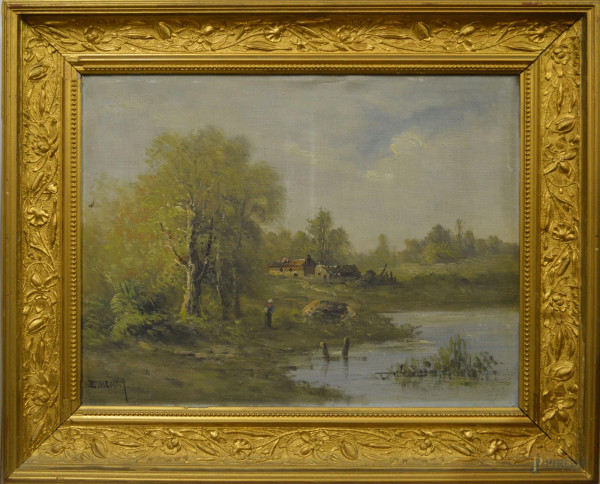 Paesaggio fluviale con figure, olio su tela, 42x55 cm, entro cornice